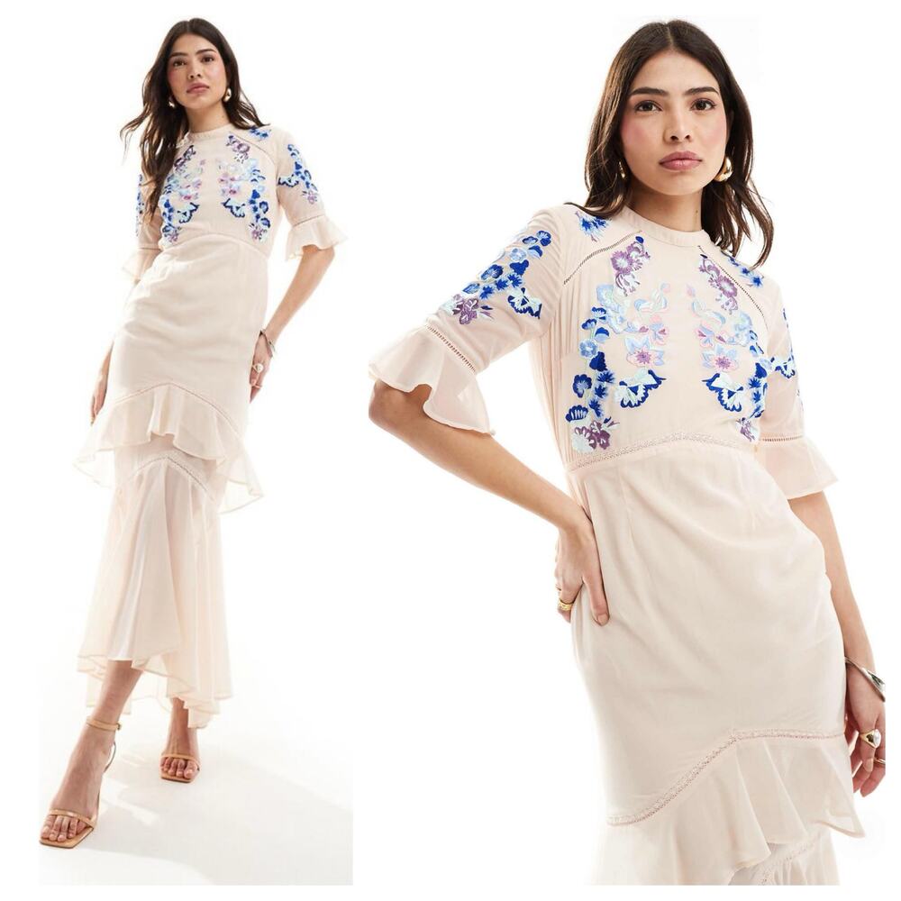 NWT Hope & Ivy Pink Embroidered Tiered Maxi Dress Size 12 Lace Trim Coquette